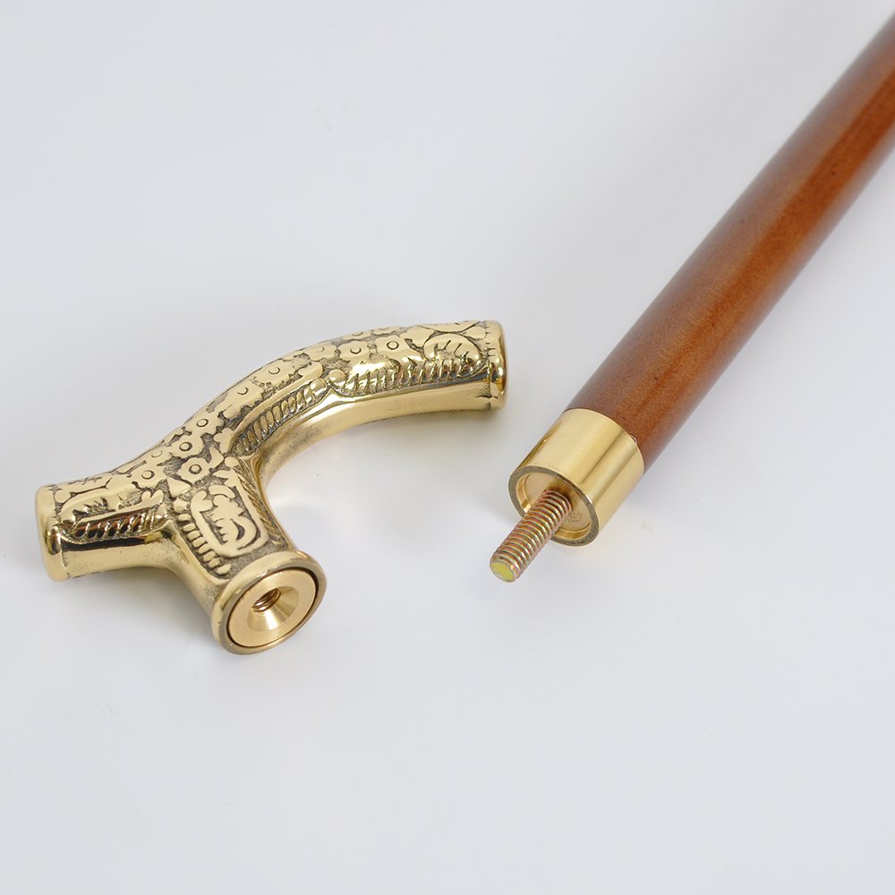 Brass Handmade 4.8” Fritz Walking Stick/Cane-Vintage-Look Brass Handles  with Carved Detailing, 3.8 x 3.9 x 0.7 inches, Gold