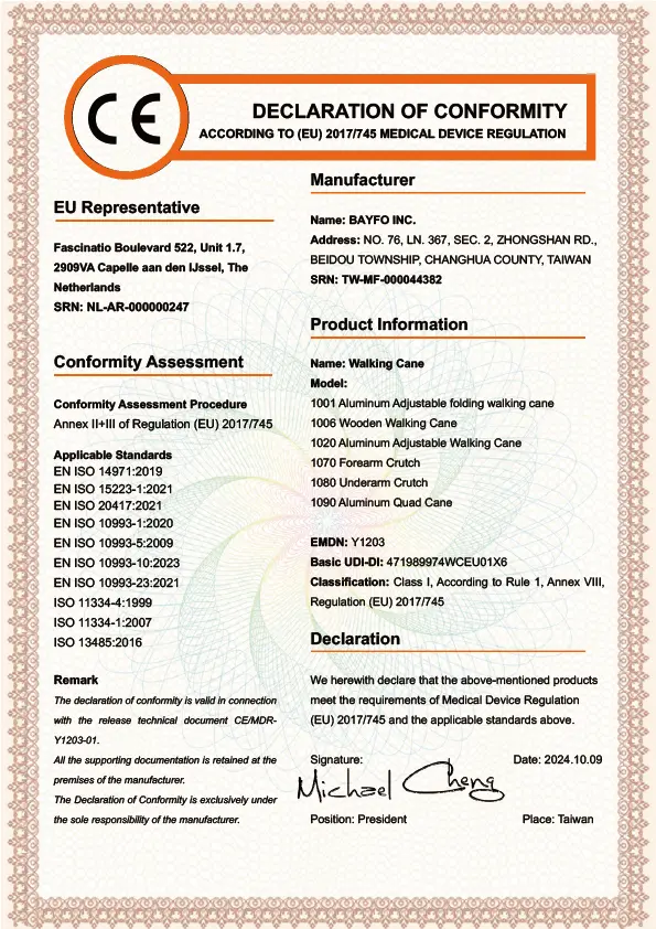 Taiwan Bayfo | Walking Stick Manufacturer 39 Bayfo Inc. CE-Certificate